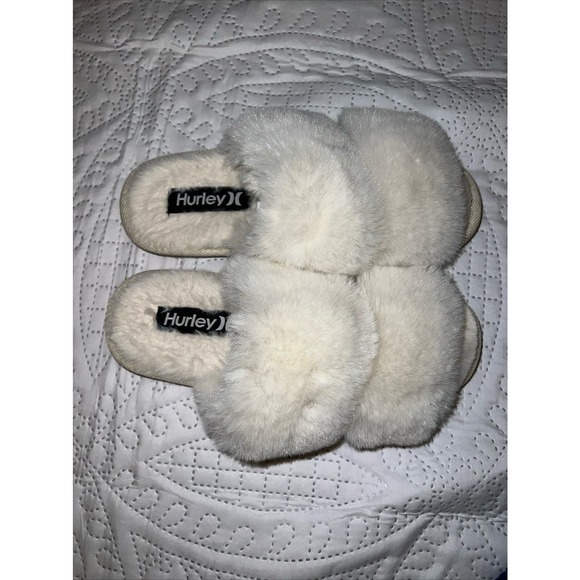 Hurley Women’s Slippers Size 6 Carol Cream Faux Fur 2 Straps Slides USED EUC - Picture 2 of 7